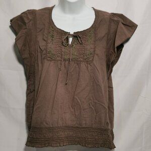 🦋3/$20 Khaki Blouse with Green Embroidery Size L #74